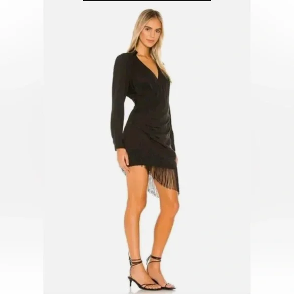 L'Academie Revolve Fringe Mini Dress Black Wrap - Picture 2 of 8